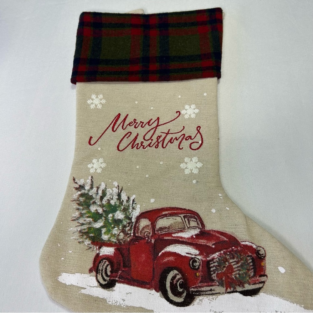 Red Truck Christmas Stocking plaid collar canvas with stitched Merry Christmas - Picture 4 of 8